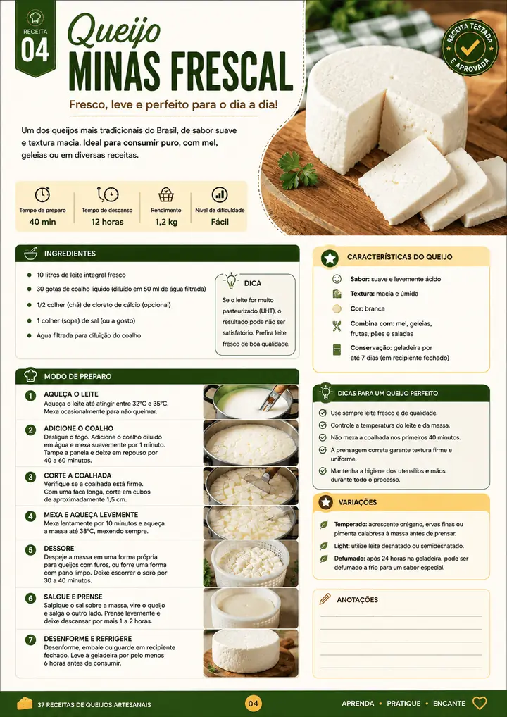 Página da receita de queijo Minas Frescal
